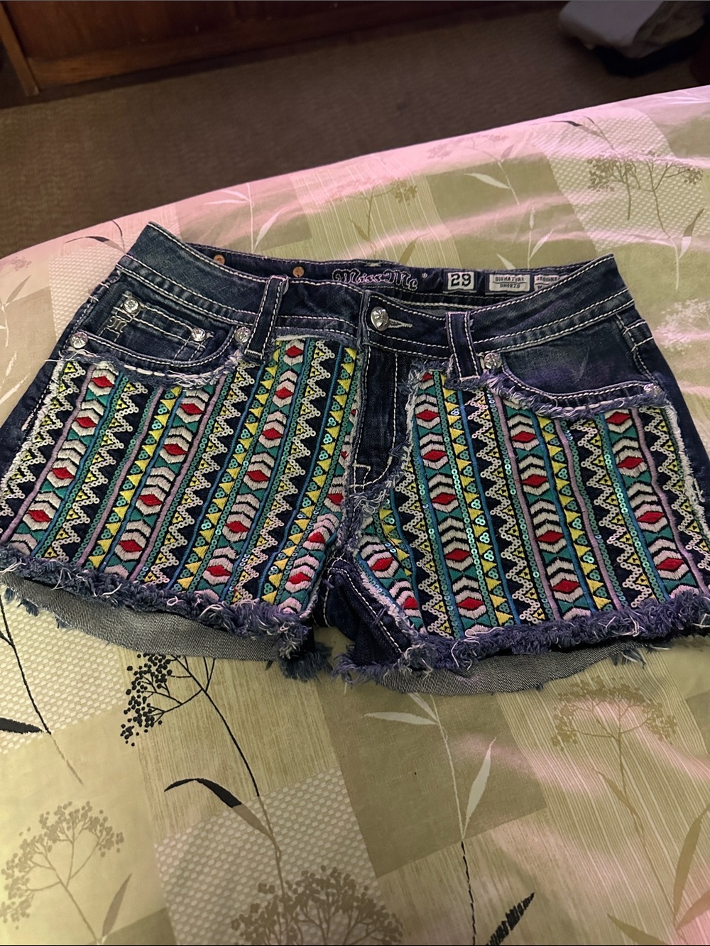 Miss Me Embroidered Tribal Denim Shorts - Blue